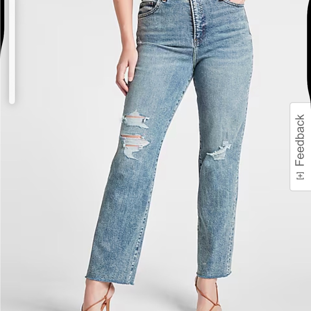 Express Blue Straight Leg Jeans with Distressed Details